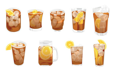 Glassware of delicious ice tea on white background