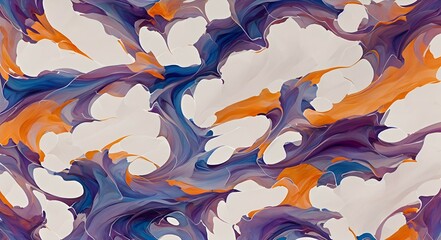 Photo of an abstract painting featuring swirling shades of blue, orange, and white