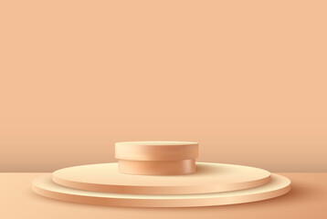 Abstract beige and brown studio room with a round beige podium. Cylindrical pedestal. Minimal scene for product demonstration.