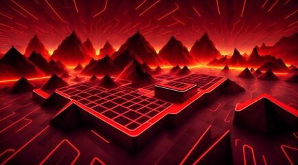 Photo of a futuristic landscape with mountains and vibrant red lights