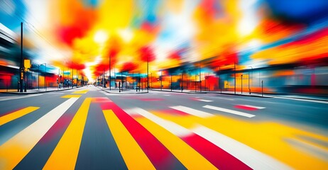 Photo of a busy street with blurred motion and a colorful crosswalk