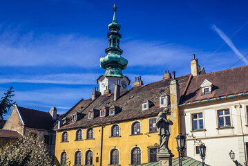 Fototapeta premium Buildings and Tower of Michael Gate in Old Town of Bratislava capital city, Slovakia