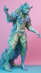 Pastel colored Werewolf on a pink background. Glossy shiny fashion mythical creature wallpaper. Dreamy creative vibe aesthetics. Generative AI.