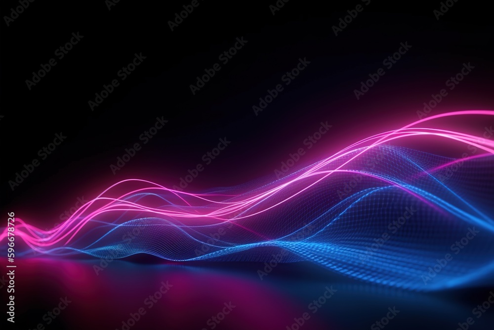 Wall mural abstract futuristic background with pink blue glowing neon moving high speed wave lines and bokeh li