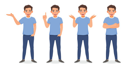 Set of young man showing different posing gestures and hand signs expressions