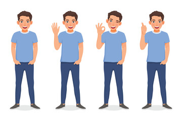 Fototapeta premium Set of young man showing different posing gestures and hand signs expressions