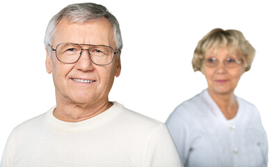 Close-up portrait of an elderly couple  on background