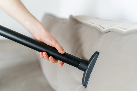Cropped view of woman holding small portable vacuum cleaner and wash dirt and dust on a textile sofa cushion