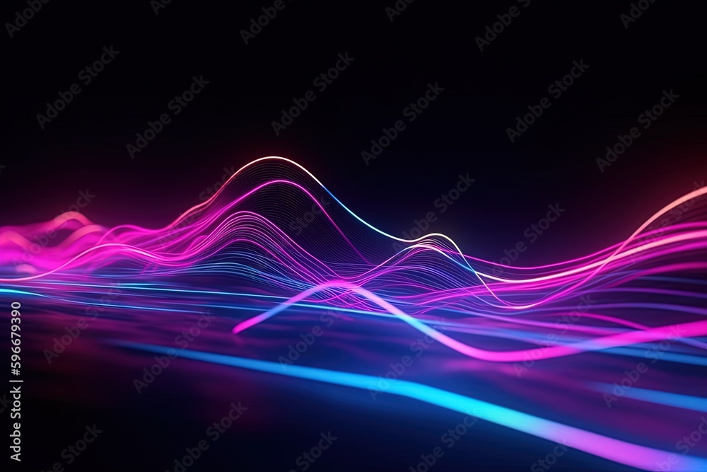 Wall mural abstract futuristic background with pink blue glowing neon moving high speed wave lines and bokeh li