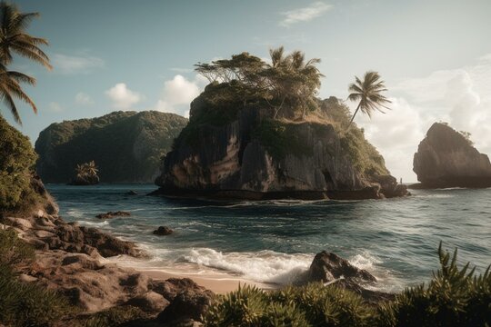 A stunning island with towering palms and rocky background. Generative AI