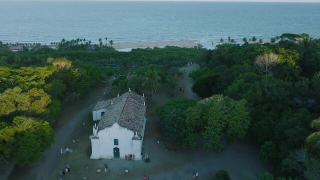 Aerial Drone View of beach town Trancoso in Bahia Brazil with church and ocean