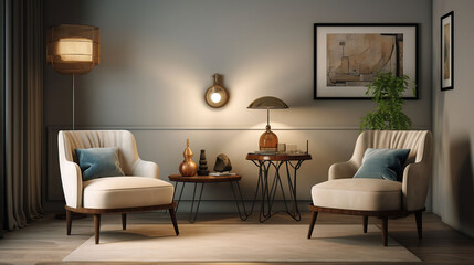 Fototapeta na wymiar Stylish and design composition of Interior of light living room with lamps, armchair and commode, generative ai