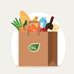 Paper bag filled with food. Organic products. Proper nutrition. Delivery. Flat style vector illustration.