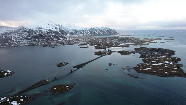 Aerial view revere of Lofoten Islands Archipelago Bridge - Norway - Drone 4k