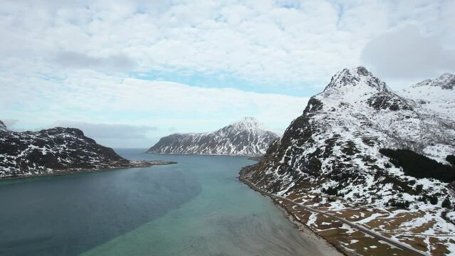 Aerial view of fjord coastline, Lofoten Islands, Norway - Drone 4k