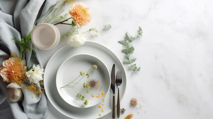 Cute Table setting with floral decor on light background with space for text, top view, generative ai