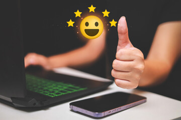 Customer pressing satisfaction with gold five star rating feedback icon and press level excellent rank for giving best score point to review the service , experience success business rate  concept.