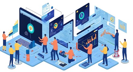 Photo of a team collaborating and reviewing work on a computer screen