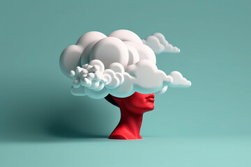 Woman having head in the clouds isolated on blue background created with Generative AI.