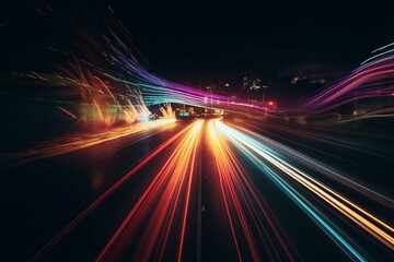 Fast acceleration over dark night road with colorful abstract motion and light stripes. Generative AI