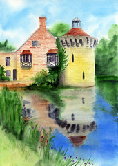 Fototapeta na wymiar Watercolor illustration of an ancient castle with a round tower among green trees, reflected in the surface of the lake