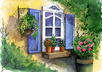 Watercolor illustration of an old window with blue shutters, earthenware flower pots on a stone window sill and green vines on the sides