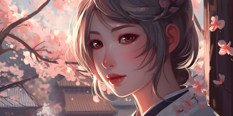 portrait of a girl with hair, portrait of a girl, beautiful anime girl with Focus on her beautiful eyes, close-up shot, walk among the cherry blossoms, wallpaper, Generative AI