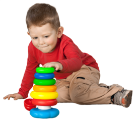 Friendly Little Boy Sitting on Ground and Playing with Toys - Isolated