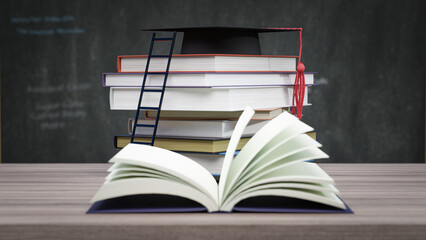 Graduation hat on stack books. Education, learning on school and university or idea concept. 3d illustration