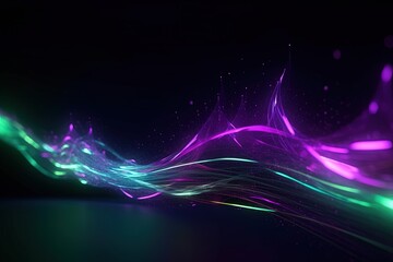 Fototapeta na wymiar abstract futuristic background with green purple glowing neon moving high speed wave lines and bokeh lights. Data transfer concept Fantastic wallpaper, Ai Generative