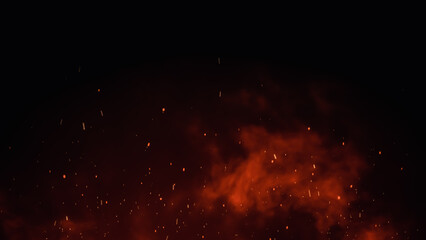 3D illustration Burning embers glowing. Fire Glowing Particles on Black Background