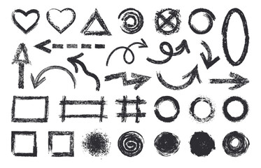Grunge chalk symbols set. Abstract texture chalk brushes, rough hand drawn shapes. Charcoal brush flat vector symbols illustration collection