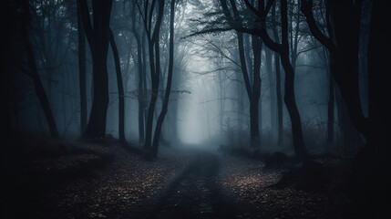 Fog In Spooky Forest At Moon Light On Asphalt - Abstract Bokeh And Filter Toned
