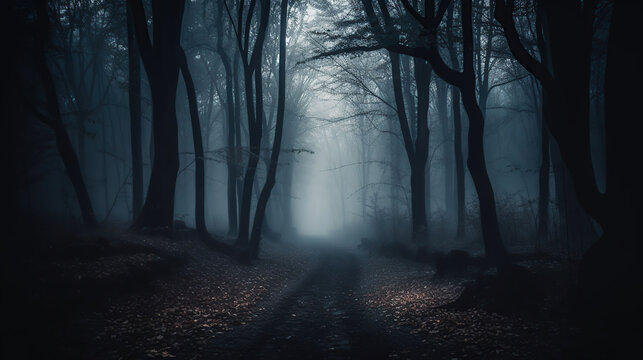 Fog In Spooky Forest At Moon Light On Asphalt - Abstract Bokeh And Filter Toned, generative ai