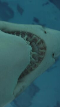 A huge shark is swimming above me, sharp teeth. Extremely close-up. Vertical video.