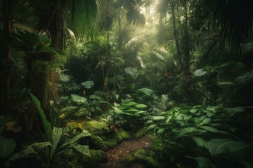 Lush, dense, tropical forest with exotic flora and abundant rainfall. Generative AI
