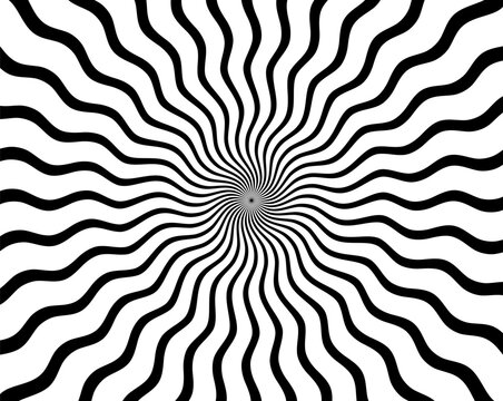 Black and white hypnotic spiral wave rays background. Psychedelic sunburst retro design...