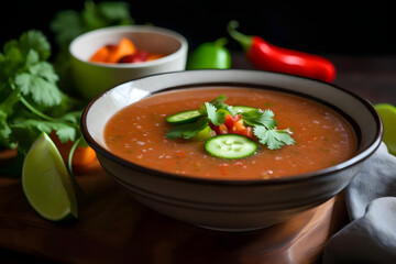 Gazpacho, a cold Spanish soup made with ripe tomatoes, cucumbers, peppers, and garlic