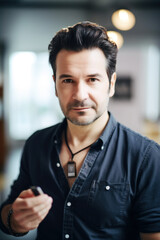 Determined 35-year-old journalist immersed in work at his office, capturing the essence of his passion for unearthing stories and reporting the truth. Generative AI