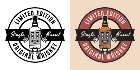 Obraz premium Whiskey smiling bottle vector emblem, badge, label or logo. Two styles monochrome and colored with removable textures