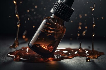 Fototapeta na wymiar Nourishing hair care with vitamins, oil treatment for healthy brown tresses. Illustration depicts drops of oil. Generative AI