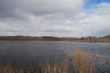 Spring landscape on the lake. Early spring snow almost freed the ground. Trees and bushes are still without snow. Water on the lake without ice. Gloomy sky above with white and gray clouds.