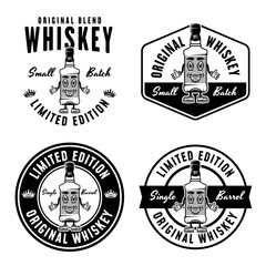 Whiskey smiling bottle set of vector monochrome emblems, badges, labels or logos isolated on white background