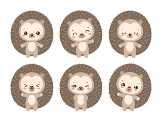 Cute hedgehog emoji icon set. Kawaii woodland animal icons. Messenger emoji. Kawaii hedgehog emoticon smiling. Happy facial expressions. Cartoon animals vector signs. Chibi anime hedgehog emoticons.