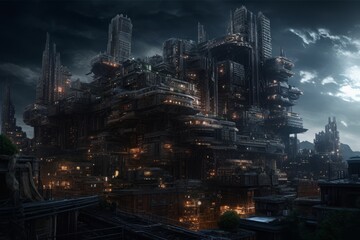 Obraz premium A Haunting Glimpse into a Cosmic Dystopian City, Generative AI