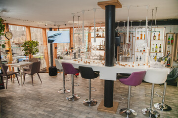 restaurant interior, furniture, tables, chairs, bar