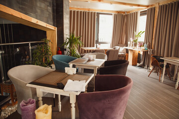 restaurant interior, furniture, tables, chairs, bar