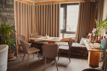 restaurant interior, furniture, tables, chairs, bar