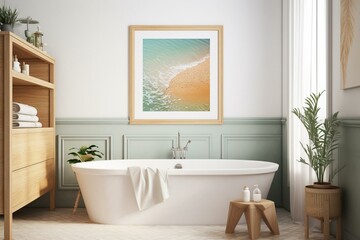 Naklejka na ściany i meble A mockup frame placed in a bathroom for an interior design project, showcasing a summer-themed poster. Keywords: mockup, frame, bathroom, interior, poster, summer, room, design, decor,. Generative AI
