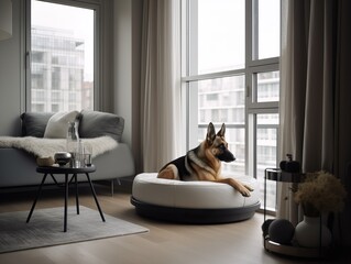 Moderne Stadt Wohnung mit Deutschen Sch&auml;ferhund als Haustier, generative AI.